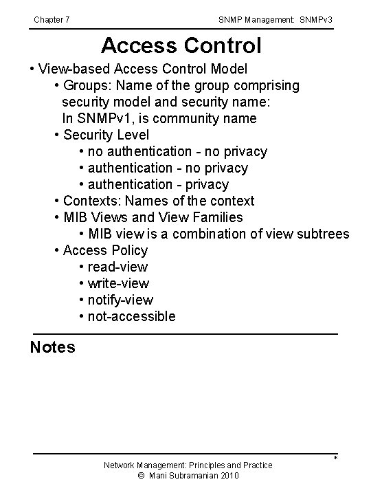 Chapter 7 SNMP Management: SNMPv 3 Access Control • View-based Access Control Model • Chapter 7 SNMP Management: SNMPv 3 Access Control • View-based Access Control Model •
