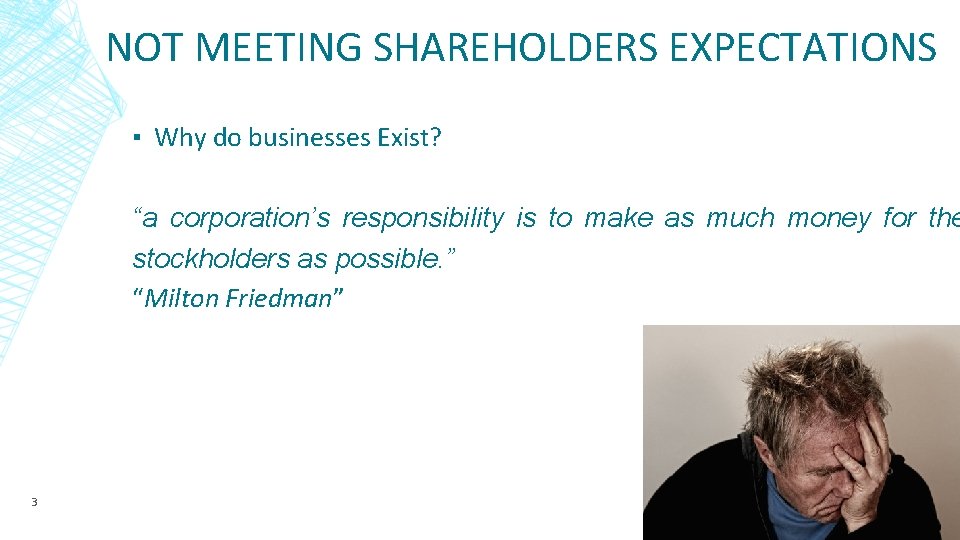 NOT MEETING SHAREHOLDERS EXPECTATIONS ▪ Why do businesses Exist? “a corporation’s responsibility is to