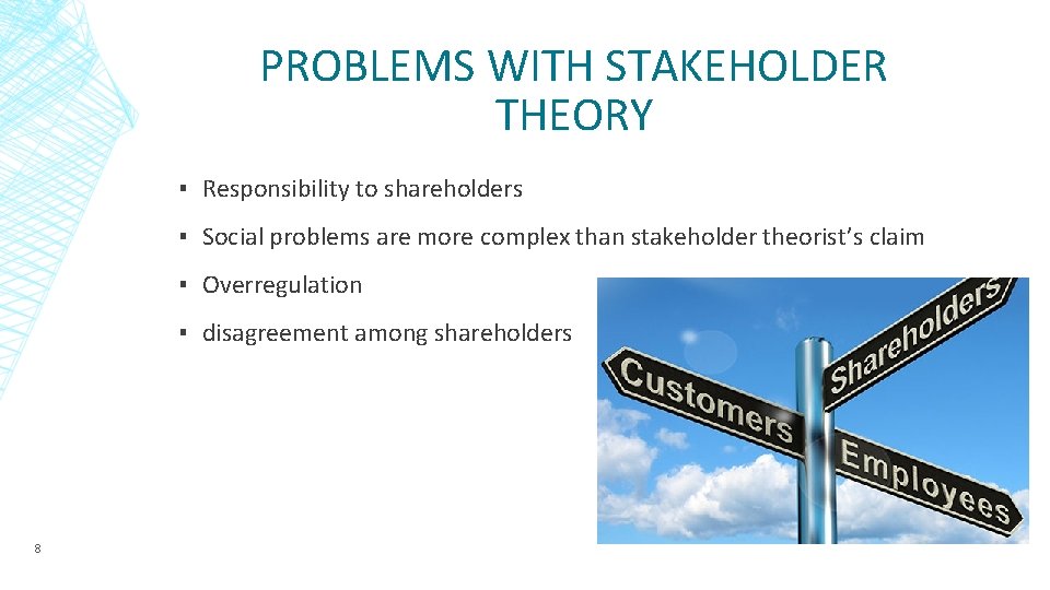 PROBLEMS WITH STAKEHOLDER THEORY ▪ Responsibility to shareholders ▪ Social problems are more complex