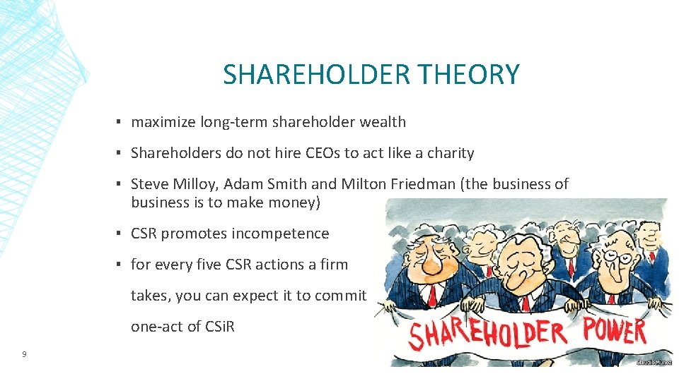 SHAREHOLDER THEORY ▪ maximize long-term shareholder wealth ▪ Shareholders do not hire CEOs to