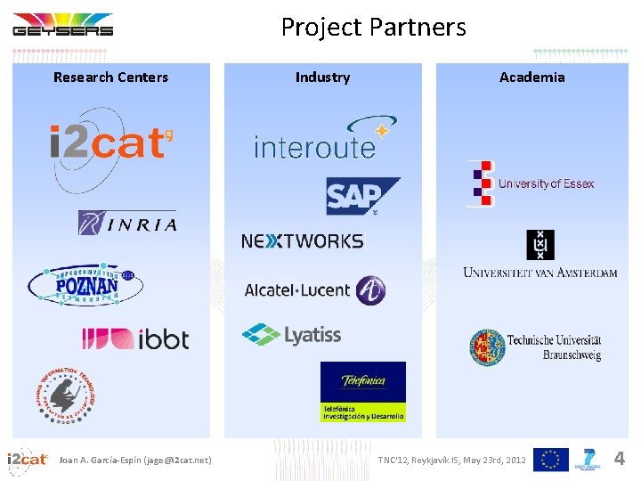 Project Partners Research Centers Joan A. García-Espín (jage@i 2 cat. net) Industry Academia TNC'12,