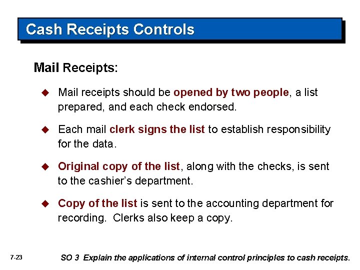 Cash Receipts Controls Mail Receipts: 7 -23 u Mail receipts should be opened by