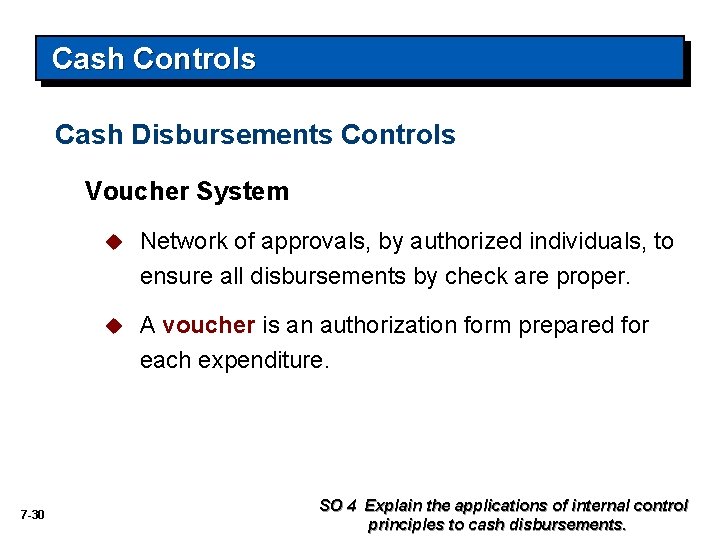 Cash Controls Cash Disbursements Controls Voucher System 7 -30 u Network of approvals, by