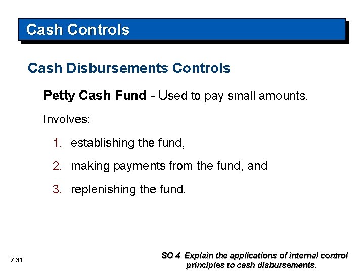 Cash Controls Cash Disbursements Controls Petty Cash Fund - Used to pay small amounts.