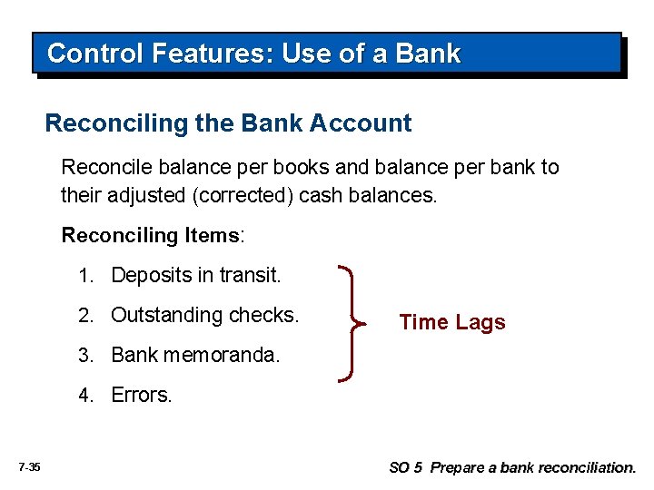 Control Features: Use of a Bank Reconciling the Bank Account Reconcile balance per books