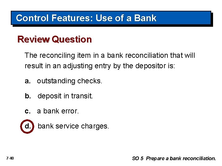 Control Features: Use of a Bank Review Question The reconciling item in a bank