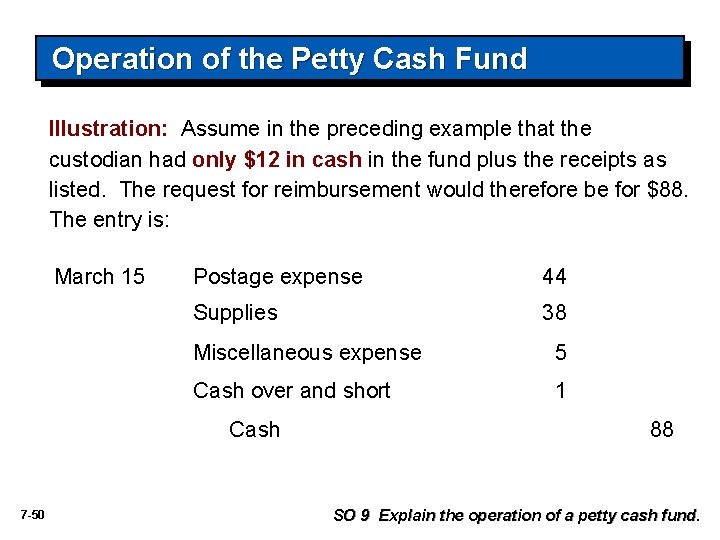 Operation of the Petty Cash Fund Illustration: Assume in the preceding example that the