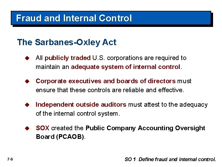 Fraud and Internal Control The Sarbanes-Oxley Act 7 -6 u All publicly traded U.