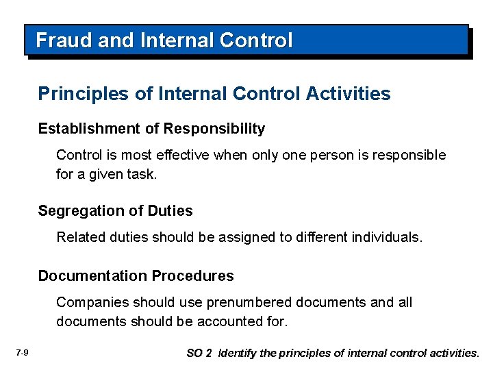 Fraud and Internal Control Principles of Internal Control Activities Establishment of Responsibility Control is