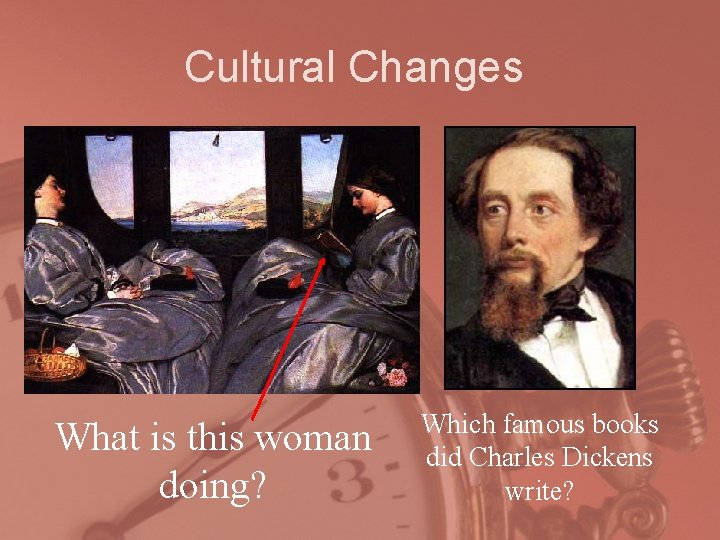 Cultural Changes What is this woman doing? Which famous books did Charles Dickens write?