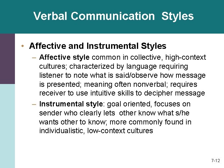 Verbal Communication Styles • Affective and Instrumental Styles – Affective style common in collective,