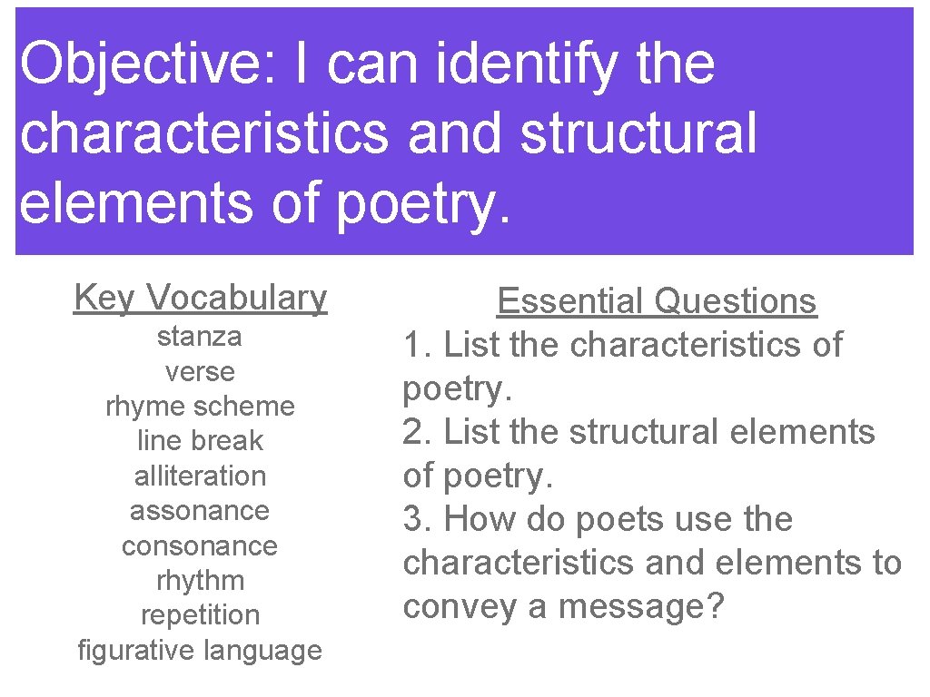 Objective: I can identify the characteristics and structural elements of poetry. Key Vocabulary stanza