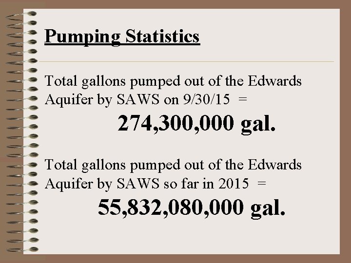 Pumping Statistics Total gallons pumped out of the Edwards Aquifer by SAWS on 9/30/15 Pumping Statistics Total gallons pumped out of the Edwards Aquifer by SAWS on 9/30/15