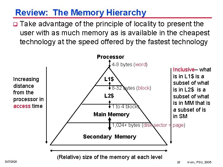 Review: The Memory Hierarchy q Take advantage of the principle of locality to present