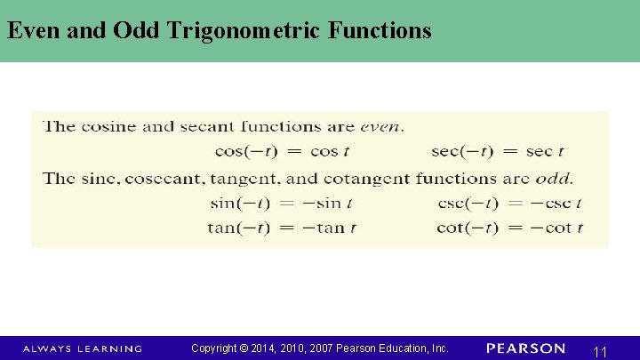 Even and Odd Trigonometric Functions Copyright © 2014, 2010, 2007 Pearson Education, Inc. 11