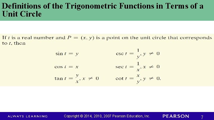 Definitions of the Trigonometric Functions in Terms of a Unit Circle Copyright © 2014,