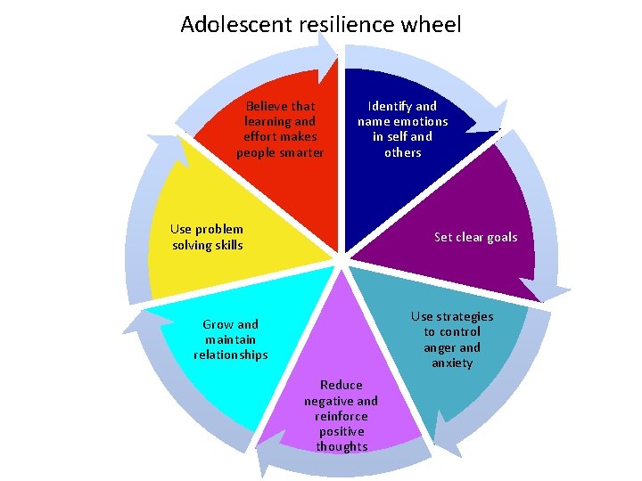 Adolescent resilience wheel Believe that learning and effort makes people smarter Identify and name