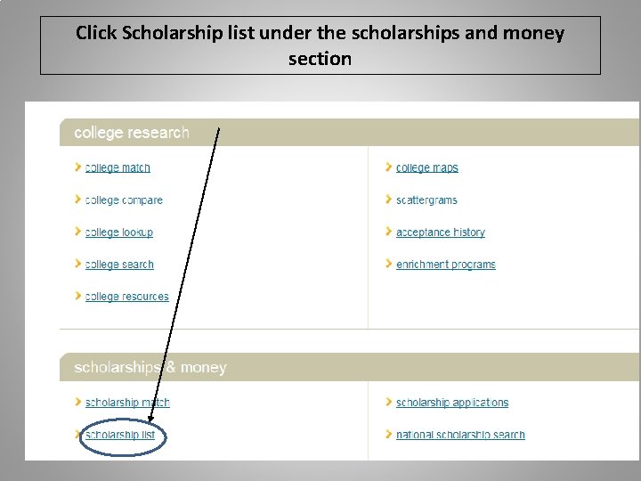 Click Scholarship list under the scholarships and money section Click Scholarship list under the scholarships and money section