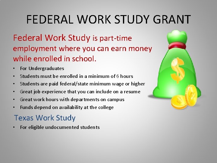 FEDERAL WORK STUDY GRANT Federal Work Study is part-time employment where you can earn FEDERAL WORK STUDY GRANT Federal Work Study is part-time employment where you can earn