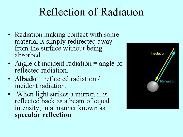 Reflection of Radiation • Radiation making contact with some material is simply redirected away