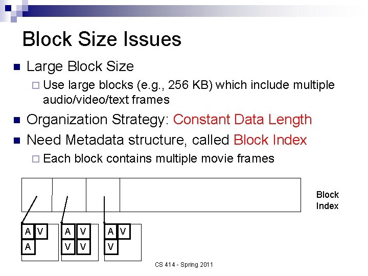 Block Size Issues n Large Block Size ¨ Use large blocks (e. g. ,