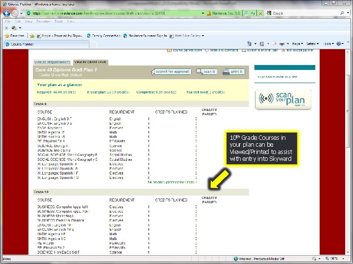 10 th Grade Courses in your plan can be Viewed/Printed to assist with entry