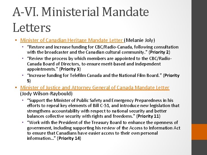 A-VI. Ministerial Mandate Letters • Minister of Canadian Heritage Mandate Letter (Melanie Joly) •
