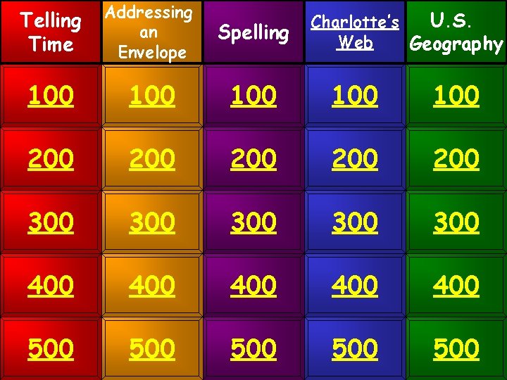 Telling Time Addressing an Envelope Spelling 100 100 100 200 200 200 300 300