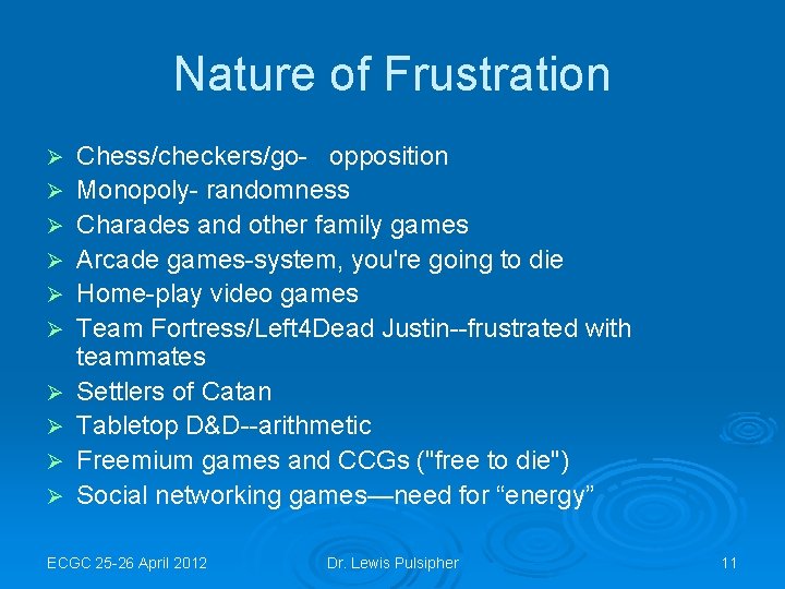 Nature of Frustration Ø Ø Ø Ø Ø Chess/checkers/go- opposition Monopoly- randomness Charades and