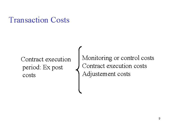 Transaction Costs Contract execution period: Ex post costs Monitoring or control costs Contract execution