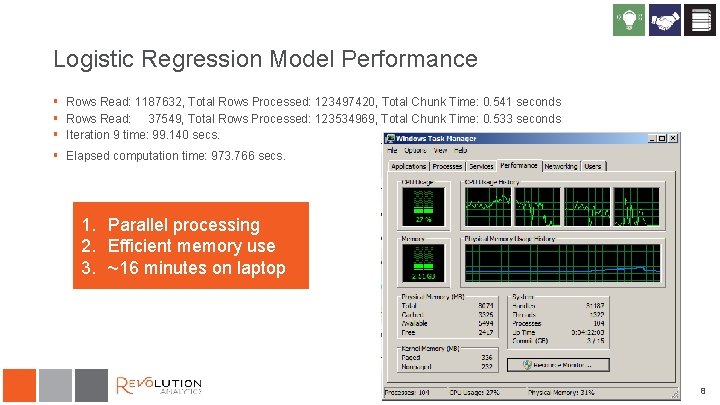 Logistic Regression Model Performance § Rows Read: 1187632, Total Rows Processed: 123497420, Total Chunk