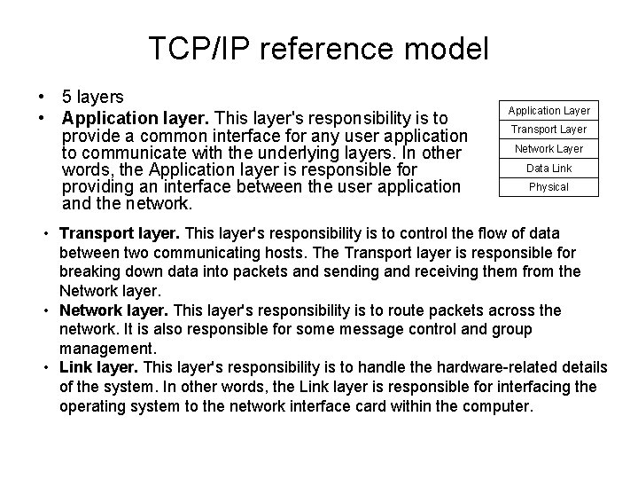 TCP/IP reference model • 5 layers • Application layer. This layer's responsibility is to