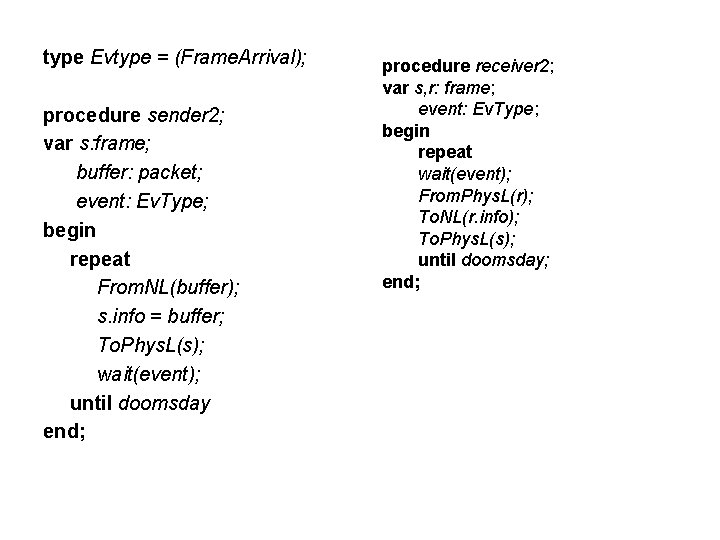 type Evtype = (Frame. Arrival); procedure sender 2; var s: frame; buffer: packet; event: