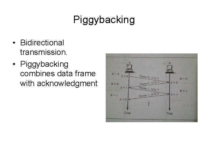 Piggybacking • Bidirectional transmission. • Piggybacking combines data frame with acknowledgment 