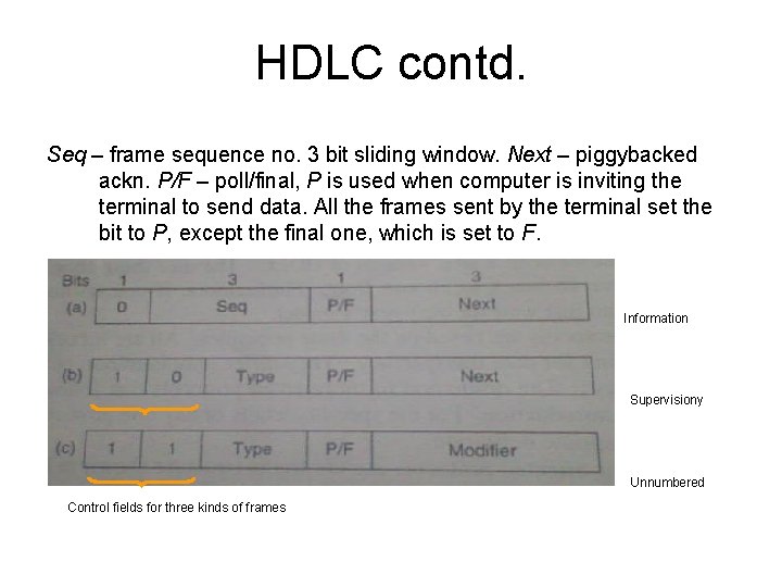 HDLC contd. Seq – frame sequence no. 3 bit sliding window. Next – piggybacked