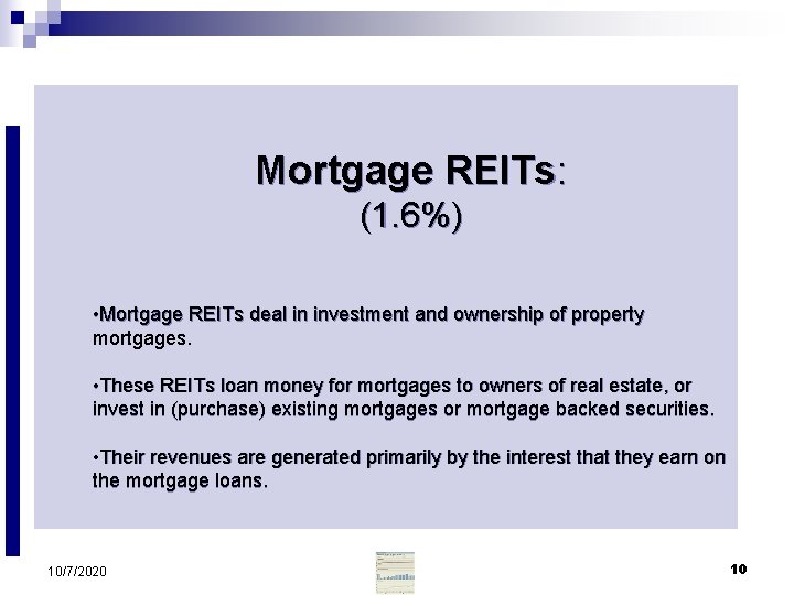 Mortgage REITs: (1. 6%) • Mortgage REITs deal in investment and ownership of property