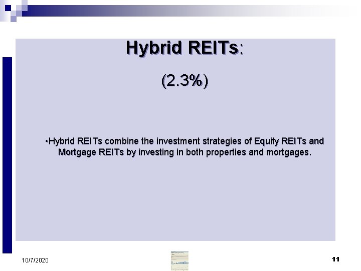 Hybrid REITs: (2. 3%) • Hybrid REITs combine the investment strategies of Equity REITs