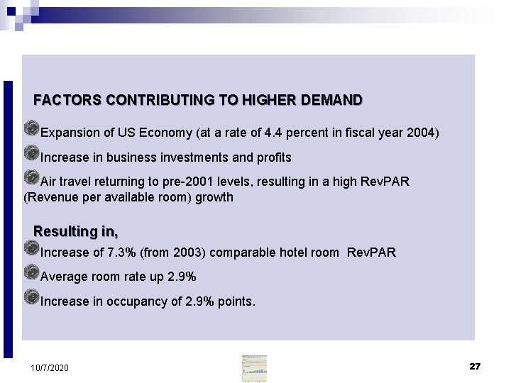 FACTORS CONTRIBUTING TO HIGHER DEMAND Expansion of US Economy (at a rate of 4.