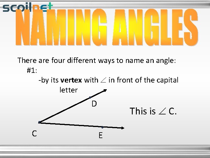 There are four different ways to name an angle: #1: -by its vertex with