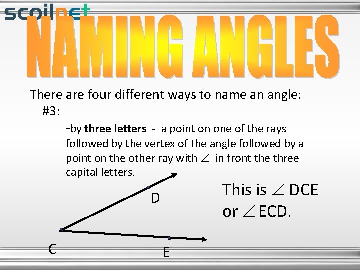 There are four different ways to name an angle: #3: -by three letters -