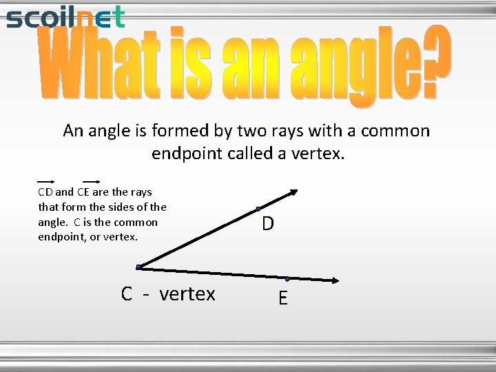 An angle is formed by two rays with a common endpoint called a vertex.