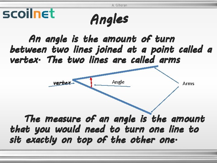 A. Gilleran Angles An angle is the amount of turn between two lines joined