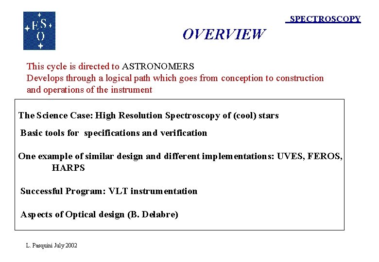 SPECTROSCOPY OVERVIEW This cycle is directed to ASTRONOMERS Develops through a logical path which SPECTROSCOPY OVERVIEW This cycle is directed to ASTRONOMERS Develops through a logical path which