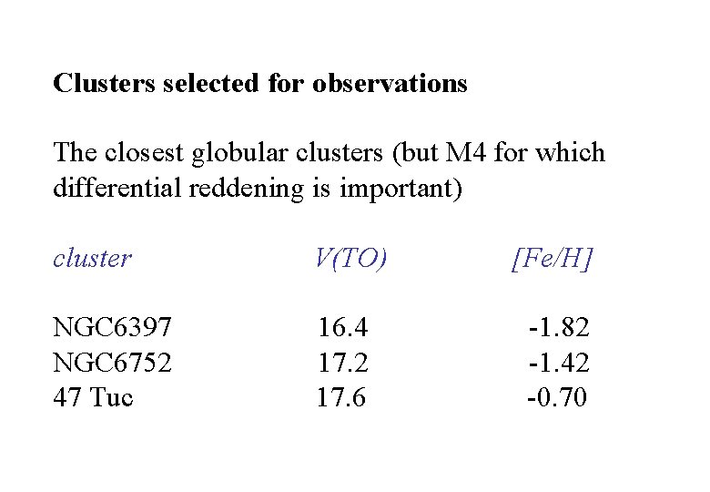 Clusters selected for observations The closest globular clusters (but M 4 for which differential