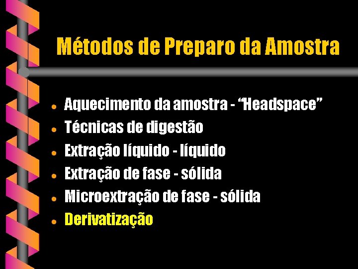 Métodos de Preparo da Amostra · · · Aquecimento da amostra - “Headspace” Técnicas