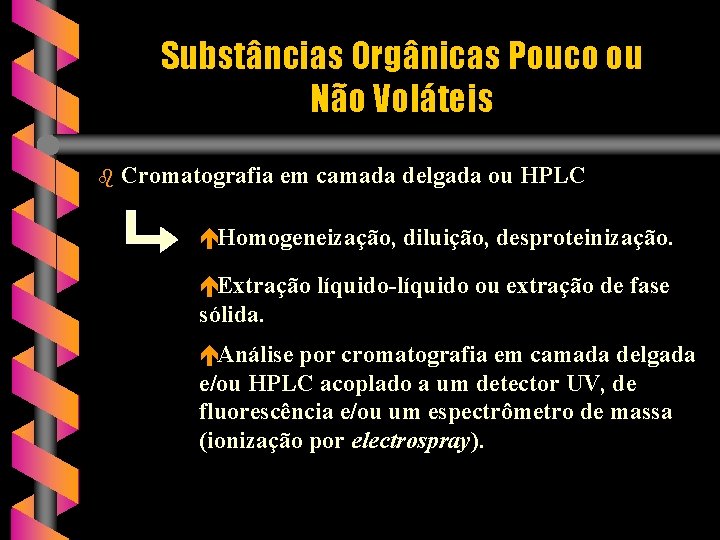 Substâncias Orgânicas Pouco ou Não Voláteis b Cromatografia em camada delgada ou HPLC éHomogeneização,