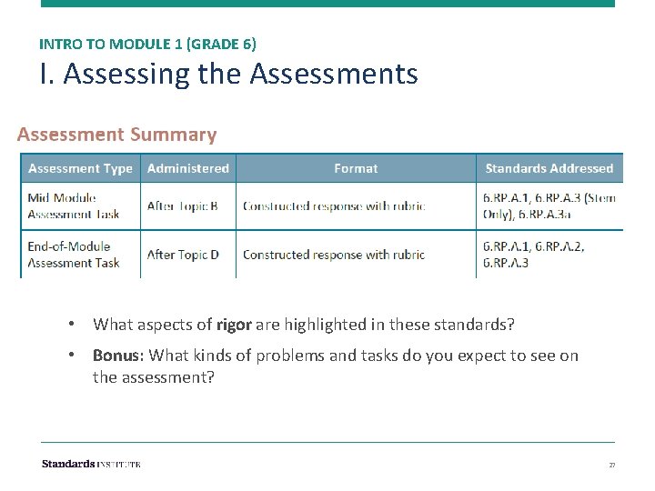INTRO TO MODULE 1 (GRADE 6) I. Assessing the Assessments • What aspects of