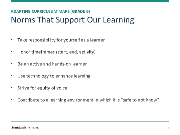 ADAPTING CURRICULUM MAPS (GRADE 6) Norms That Support Our Learning • Take responsibility for