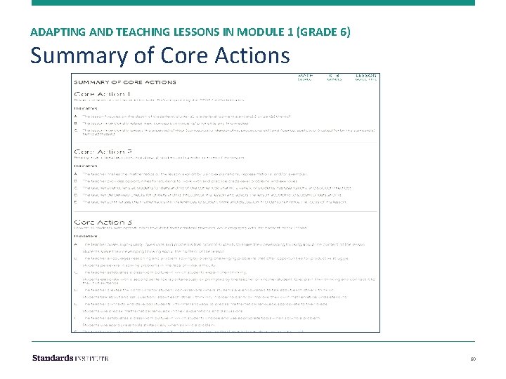 ADAPTING AND TEACHING LESSONS IN MODULE 1 (GRADE 6) Summary of Core Actions 60