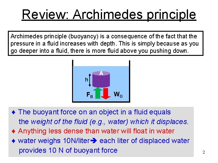 Review: Archimedes principle (buoyancy) is a consequence of the fact that the pressure in